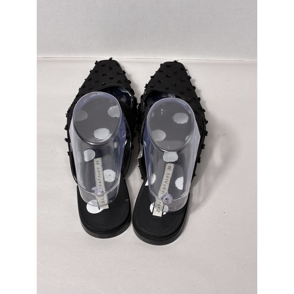 zara trafaluc Slip On Mule Polka Dot Textured Slides Sz 8 Black Square Toe Flats - Picture 3 of 6